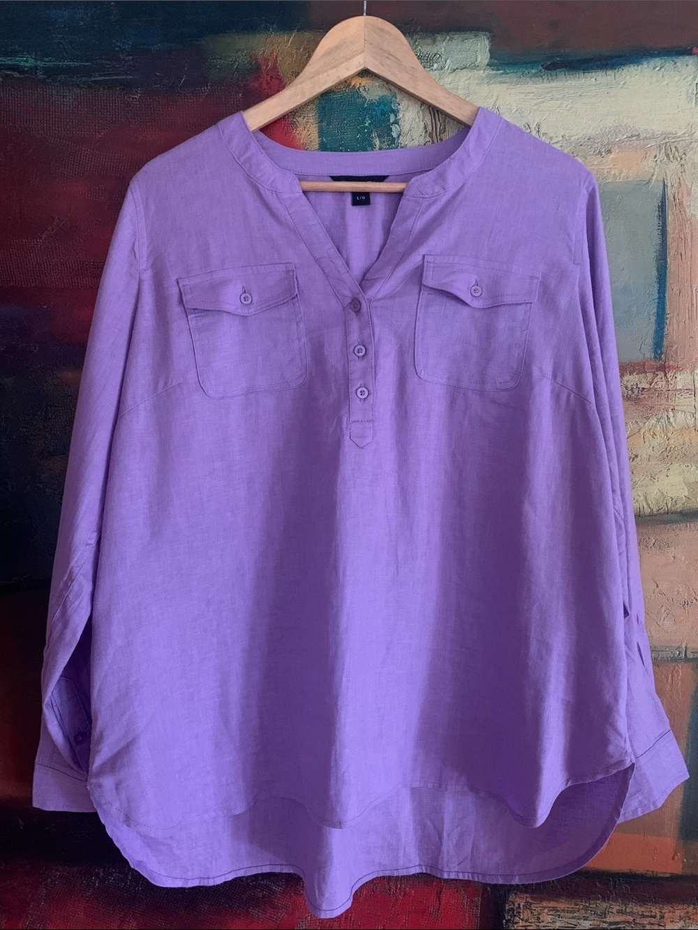 Tahari Lilac Linen/Viscose Blend Henley V-Neck Blouse, Size L